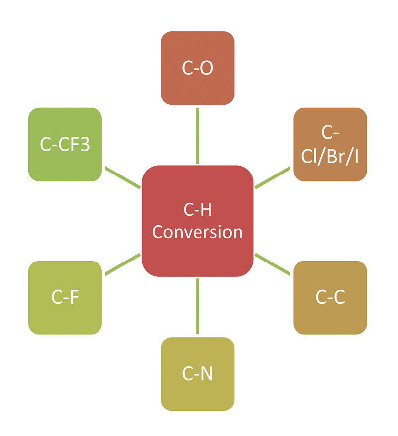 Graphic showing  C-O, C-Cl/Br/I, C-C, C-N, C-F and C-CF3 stemming from C-H Conversion