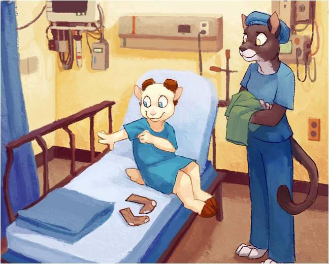 An illustration of Rodney the Ram in the hospital